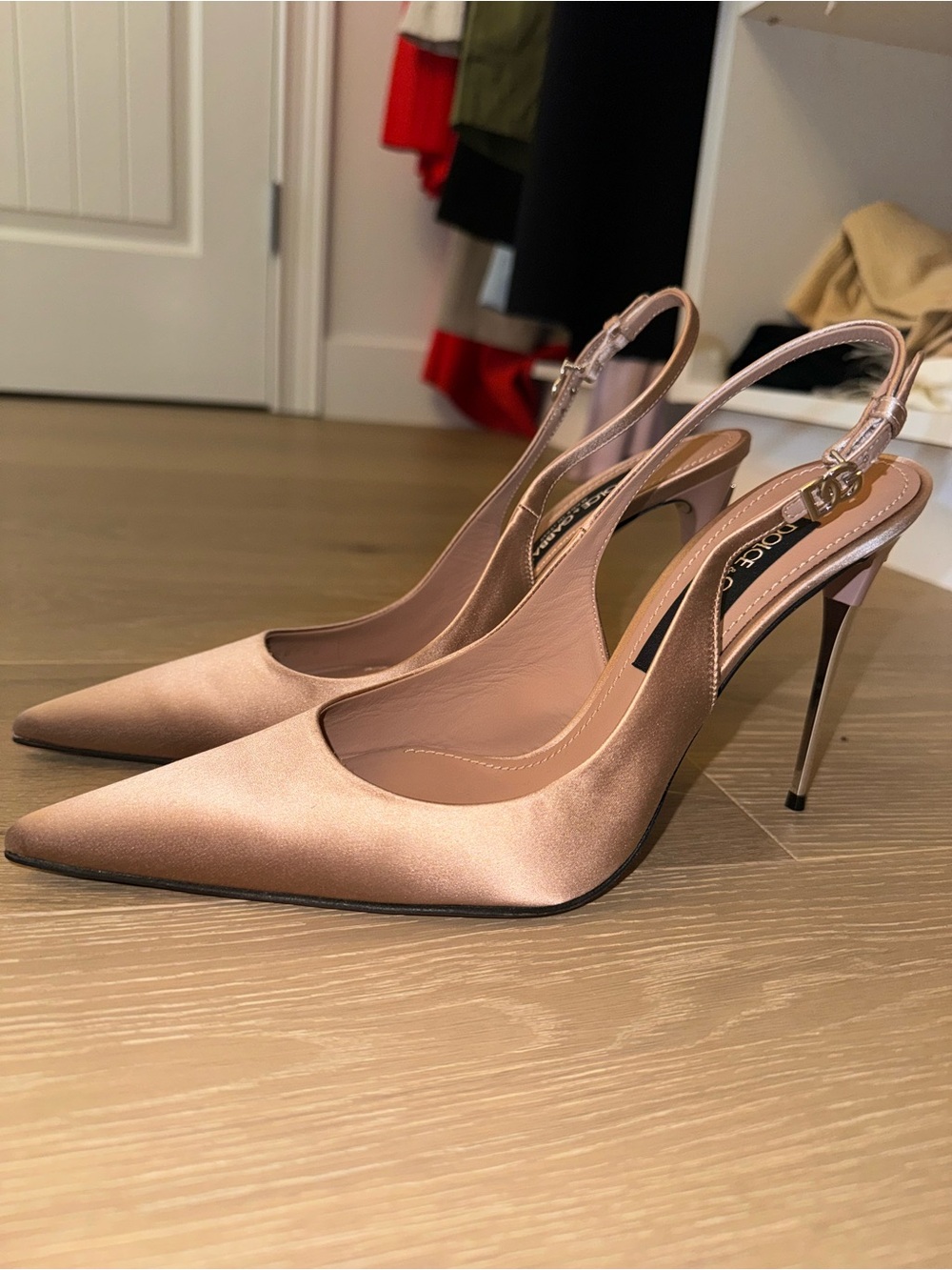 Dolce & Gabbana Rose Gold Satin Pointed-Toe Slingback Heels